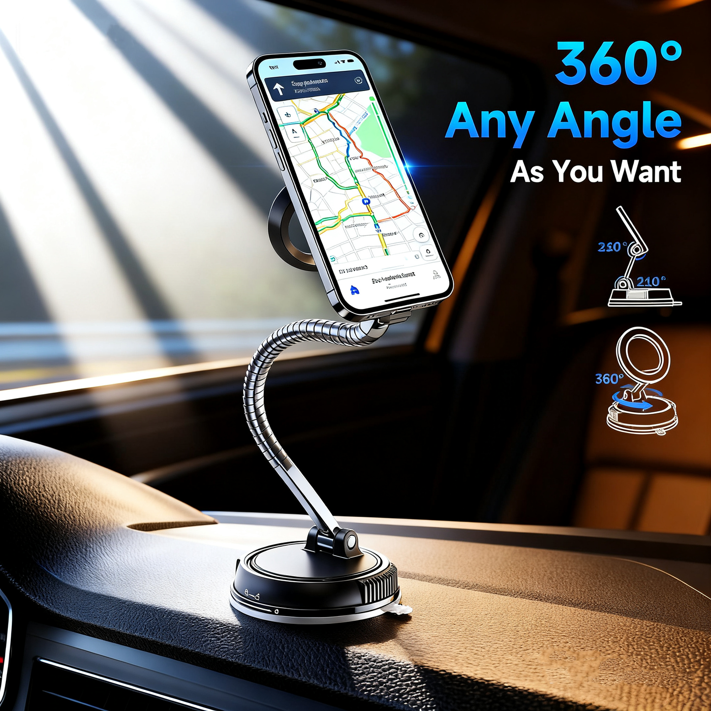 360° Rotatable Car Phone Holder - Non-Mark Adhesive Install, Fits All Phones (With Magnetic Ring Included)